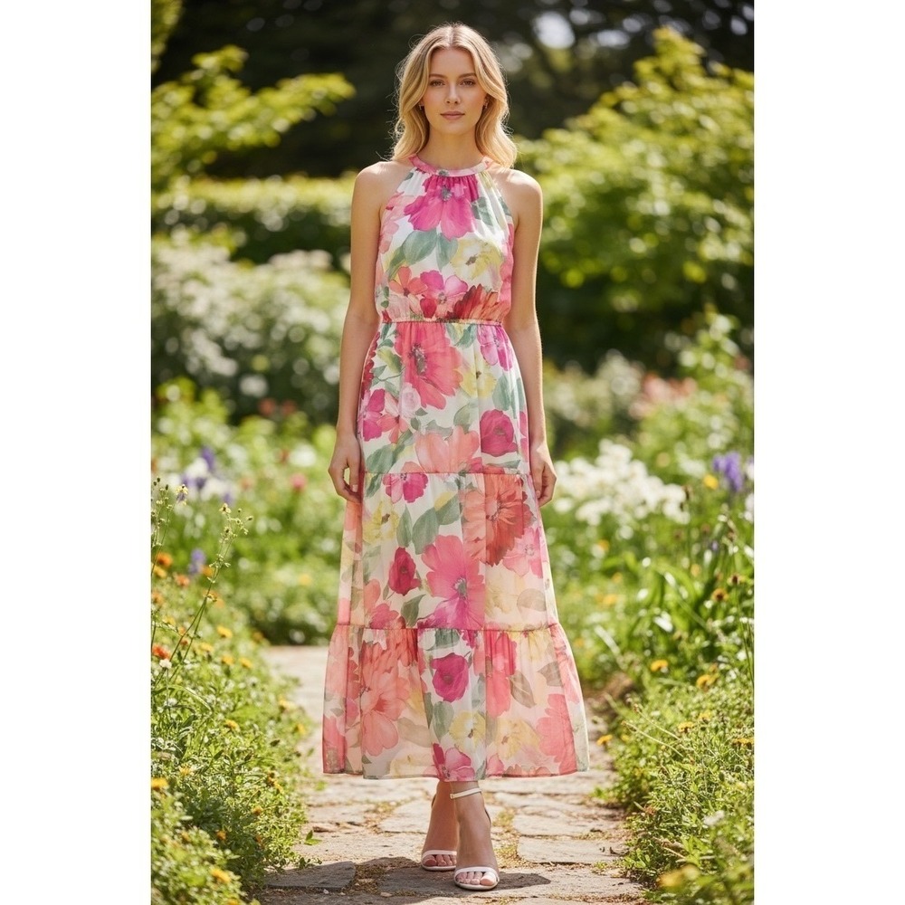 R&K Pink and Green Floral Halter Maxi Dress